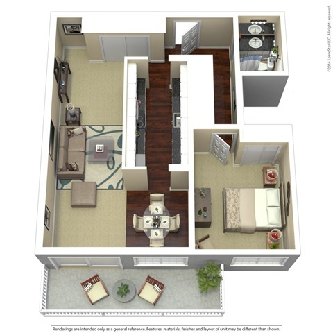 Floor plan for 1 bed, 1 bath, 718 sqft